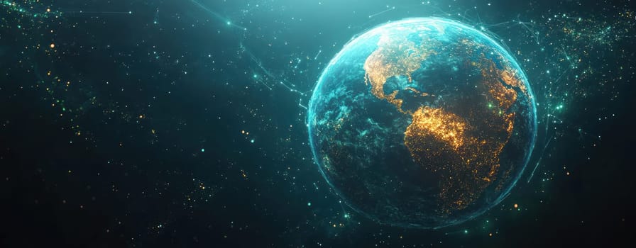 dynamic 3D digital globe showcasing network connections and illuminated continents, representing global connectivity and technology.