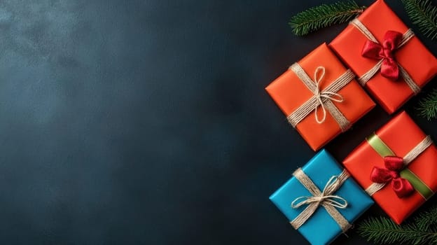 Brightly wrapped gift boxes in vibrant colors with festive ribbons, surrounded by greenery, create cheerful holiday atmosphere.