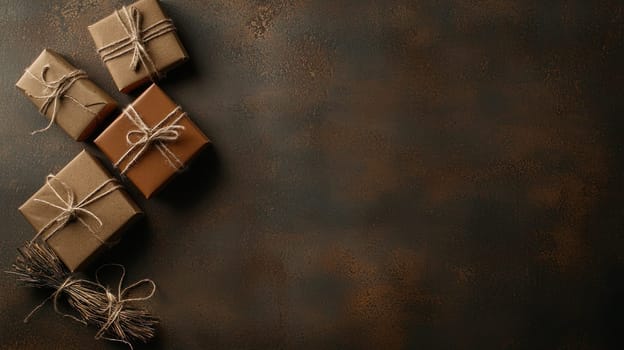 Small gift boxes wrapped in brown paper and twine create festive atmosphere on dark textured background, perfect for celebrations and special occasions.