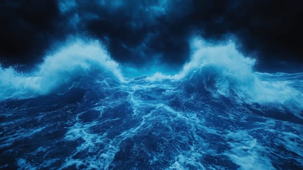 Dark blue waves crashing softly with motion blur create dramatic scene.