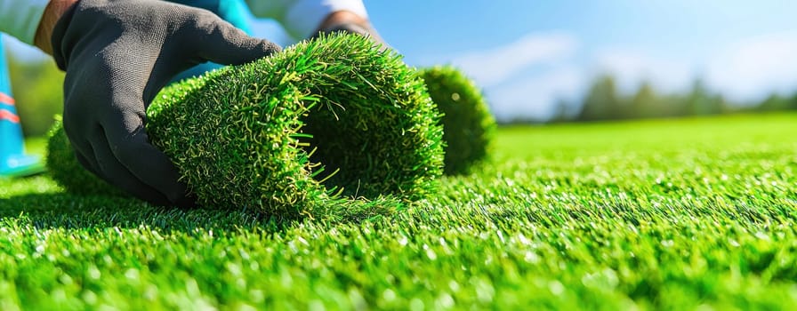 Laying synthetic grass on sunny day, showcasing vibrant green turf.