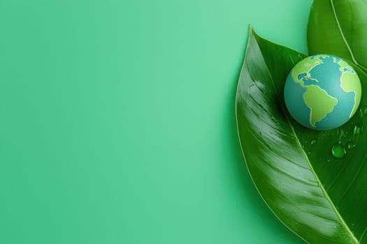Eco friendly globe resting on vibrant green leaves, symbolizing nature beauty and sustainability. image evokes sense of harmony with environment.