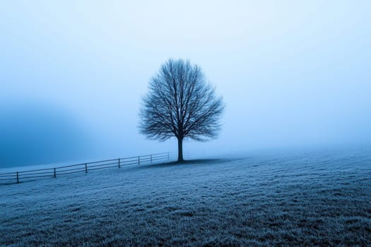 solitary tree stands in foggy landscape, surrounded by frost.