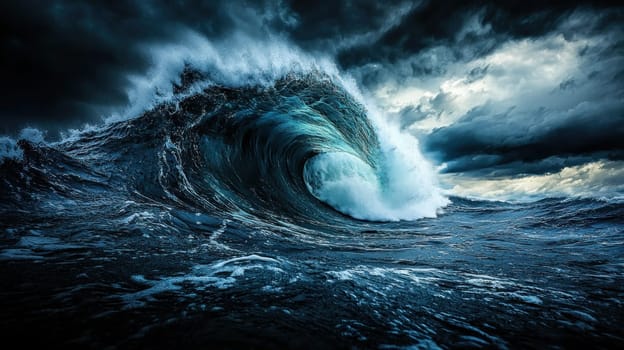 Majestic dark blue waves crashing with motion blur create dramatic scene.