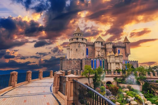 Fantastic beautiful modern castle in Ba Na Hills in Da Nang in Vietnam at sunset