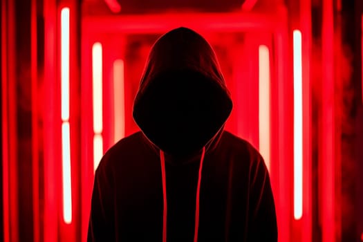Abstract image of unrecognizable hacker cyber criminal in hood with dark space and matrix face on red digital background. Security system cyber attack.