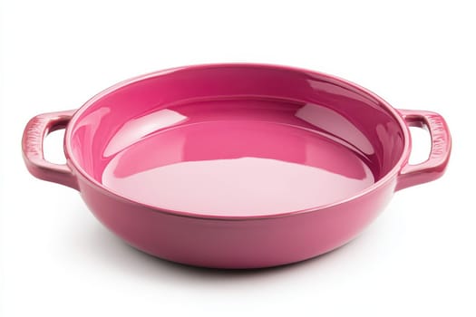 Bright pink ceramic baking dish with handles isolated on transparent background..