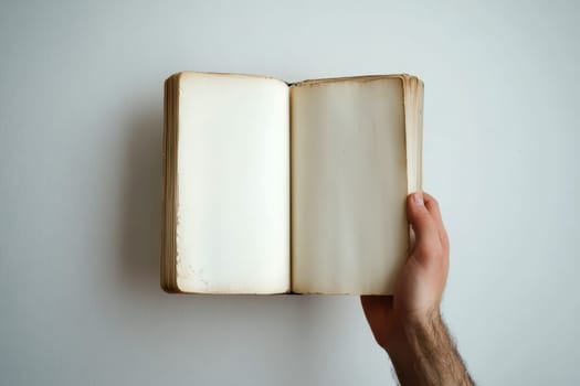 A blank white book with plain pages being held by someone's hands. The person is holding it open to show its interior.