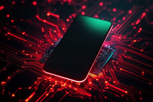 modern smartphone with a blank screen for mockup on glowing red and green futuristic background..