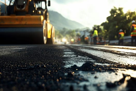 A close up of a freshly laid asphalt road, with a tractor and construction worker in the distance, blurred by a shallow depth of field. The headlights of the tractor are reflected in the wet asphalt. High quality illustration