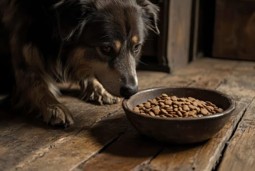 A close-up shot captures a dog intently staring at a bowl of dry kibble dog food, highlighting the pet's anticipation and curiosity toward the meal..