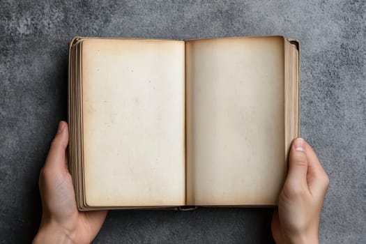 A blank white book with plain pages being held by someone's hands. The person is holding it open to show its interior. High quality illustration