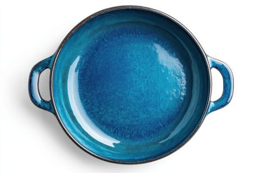 Bright blue ceramic baking dish with handles isolated on transparent background..