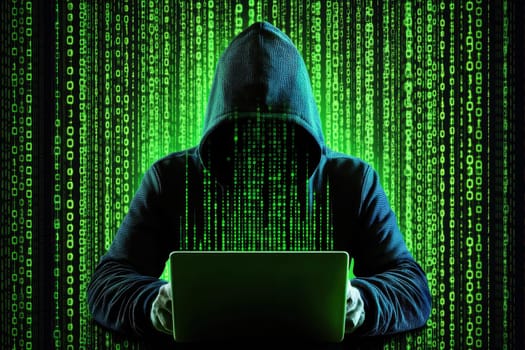 Abstract image of unrecognizable hacker cyber criminal in hood --chaos 20 --ar 3:2 --v 6.1 Job ID: 1db34548-12d6-48f9-abdb-f70208eeab6c