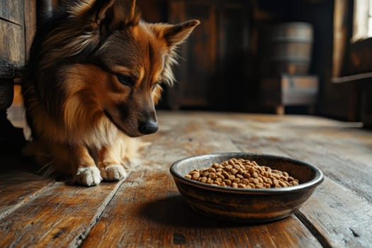 A close-up shot captures a dog intently staring at a bowl of dry kibble dog food, highlighting the pet's anticipation and curiosity toward the meal. High quality illustration