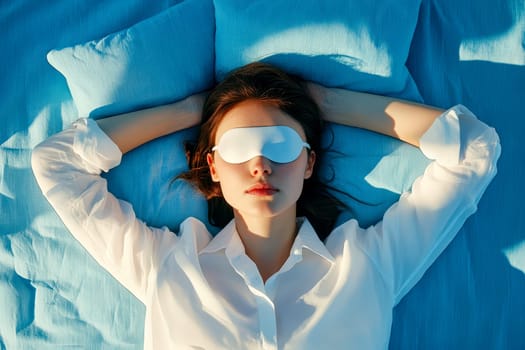 Above view of woman wearing yellow shirt with eye mask sleeping in bed..