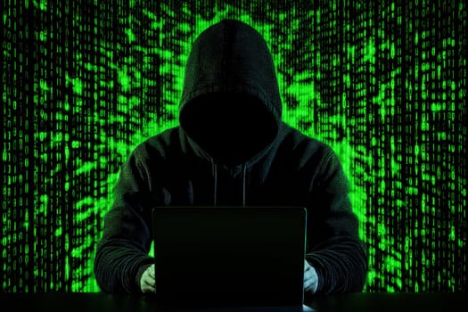 Abstract image of unrecognizable hacker cyber criminal in hood with dark space and matrix face on green digital background. Security system cyber attack.