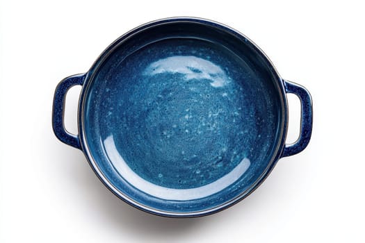 Bright blue ceramic baking dish with handles isolated on transparent background..