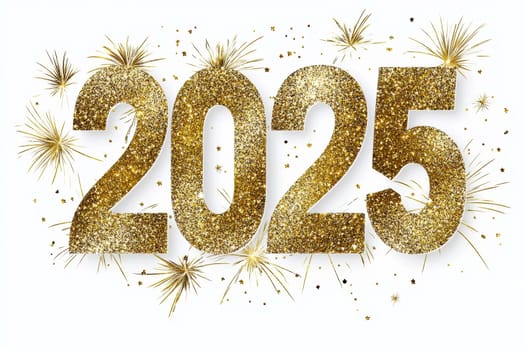 Golden 2025 text in glitter texture with golden fireworks n, isolated on white background. Sparkling design ideal for New Year celebrations, invitations, or festive party decoration. High quality illustration
