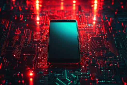 modern smartphone with a blank screen for mockup on glowing red and green futuristic background..