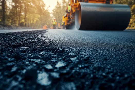 A close up of a freshly laid asphalt road, with a tractor and construction worker in the distance, blurred by a shallow depth of field. The headlights of the tractor are reflected in the wet asphalt..