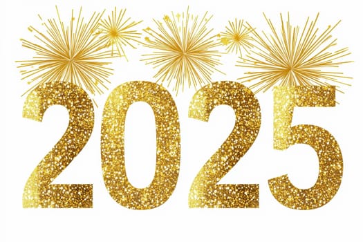 Golden 2025 text in glitter texture with golden fireworks n, isolated on white background. Sparkling design ideal for New Year celebrations, invitations, or festive party decoration. High quality illustration