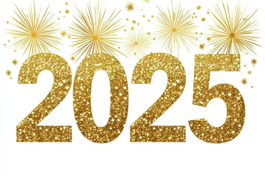 Golden 2025 text in glitter texture with golden fireworks n, isolated on white background. Sparkling design ideal for New Year celebrations, invitations, or festive party decoration. High quality illustration