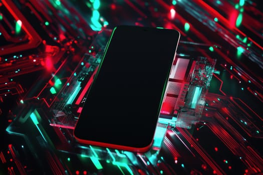 modern smartphone with a blank screen for mockup on glowing red and green futuristic background..