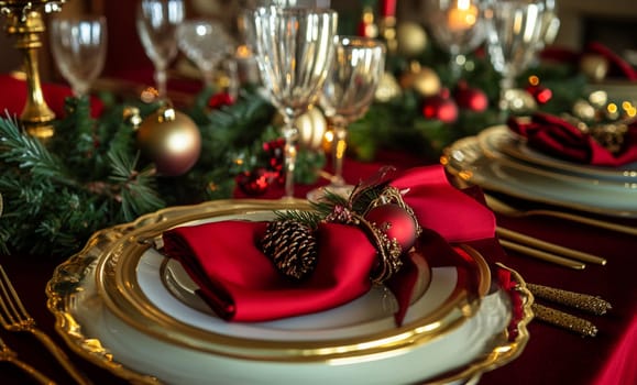 Christmas table setting with candles and holiday decorations in the living room. Holiday decoration concept.