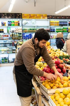 selling vegetable organic market shopping people man buying food caucasian vegan groceries seller