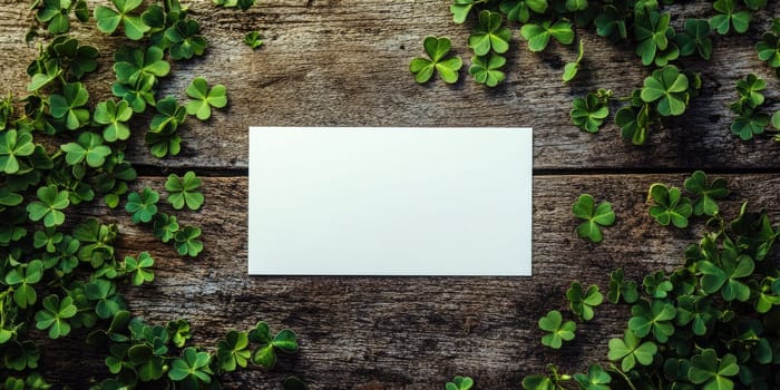 Rustic wooden background with blank white card and green clover leaves for nature themed designs.