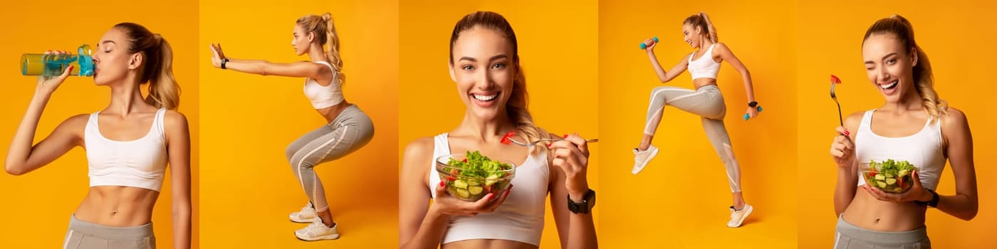 A fit woman performs various activities representing a healthy lifestyle, including exercising, drinking water, and enjoying a fresh salad, all against a vibrant yellow background.