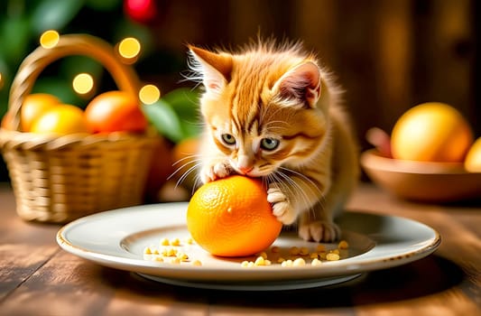 A curious kitten interacts with a bright orange sitting on a plate, surrounded by holiday decorations and fresh fruit, embodying festive cheer.