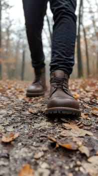A person wearing brown boots walks through a leafy autumn forest, enjoying the crisp, cool air of the season.