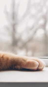 A soft ginger cat paw rests on a window ledge, with blurred trees in the background.