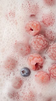 Fresh raspberries and blueberries submerged in a foamy bath, highlighting their vibrant colors and textures.