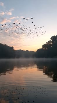 A mesmerizing scene of birds flocking over a misty lake at dawn, capturing the tranquility of nature's awakening.