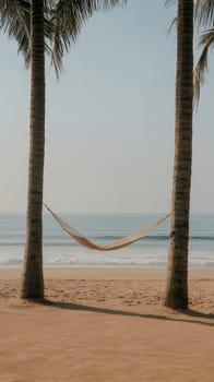 An inviting hammock suspended between two palm trees overlooking the tranquil ocean, perfect for relaxation.