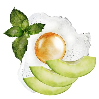 Fried eggs watercolor. Avocado and herb scramble. Hand drawn breakfast on isolated white background. Food illustration. Ideal for restaurant menus and nutritionist blogs. High quality photo