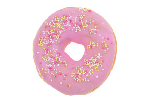 A vibrant pink frosted donut topped with colorful sprinkles, perfect for enthusiastic dessert lovers