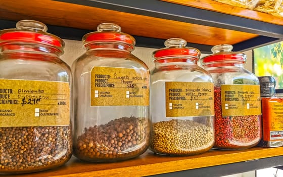 Self service organic store seeds nuts fruit in jars and containers in Zicatela Puerto Escondido Oaxaca Mexico.