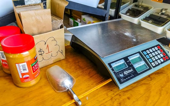 Digital scales at the checkout in Zicatela Puerto Escondido Oaxaca Mexico.