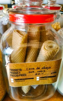 Self service organic store seeds nuts fruit in jars and containers in Zicatela Puerto Escondido Oaxaca Mexico.