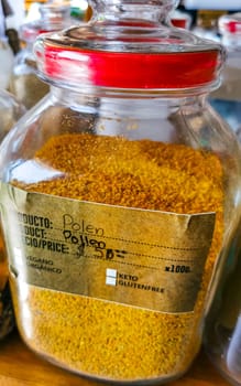 Self service organic store seeds nuts fruit in jars and containers in Zicatela Puerto Escondido Oaxaca Mexico.