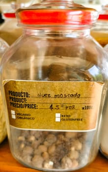 Self service organic store seeds nuts fruit in jars and containers in Zicatela Puerto Escondido Oaxaca Mexico.