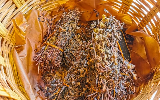 Dried lavender in a wicker basket in Zicatela Puerto Escondido Oaxaca Mexico.