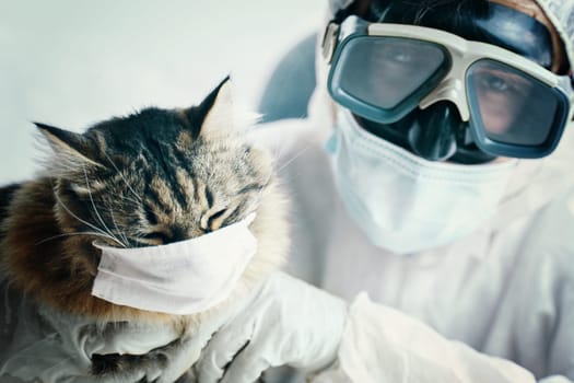 A cat and a person, both in masks and goggles, share a funny safety moment, stressing health protection importance