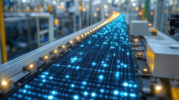 A conveyor belt stretches through a factory filled with glowing blue components, illustrating a modern manufacturing process. The setting is bustling with activity and innovation.