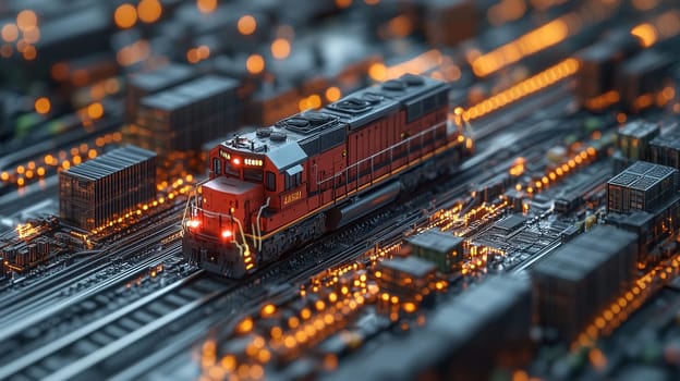 A meticulously crafted model train is moving across a set of tracks within a vibrant miniature landscape. The scene is illuminated by soft, warm lights, creating a magical atmosphere during dusk.