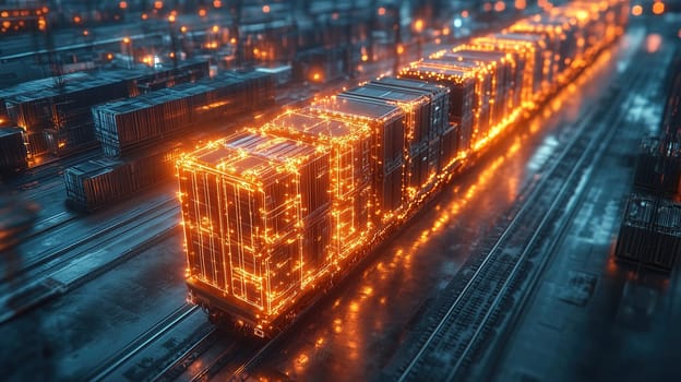 A cargo train adorned with glowing lights moves through a busy railway yard at night. The vibrant illumination contrasts with the dark surroundings, highlighting the industrial setting.